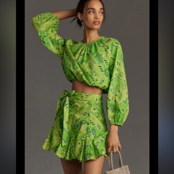 NWT RHODE Azure Top & Willow Skirt in Lime Diamond Stitch Puff Sleeve Paisley - Picture 2 of 15